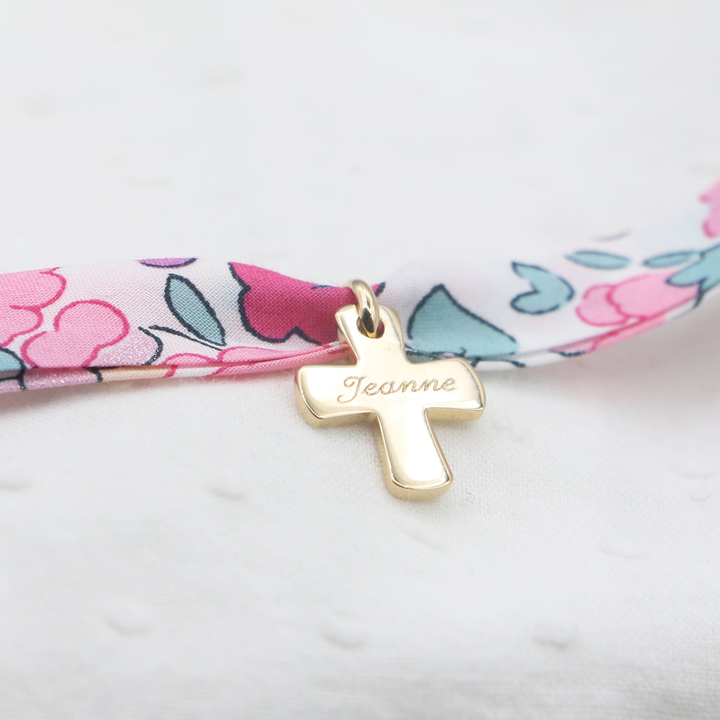 Bracelet Croix Liberty Argent 925 ou Plaqué Or 18K – Gravure prénom Communion